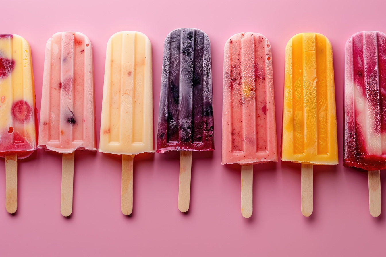 A row of PopStix real fruit popsicles in mango, strawberry, mixed berry and blueberry