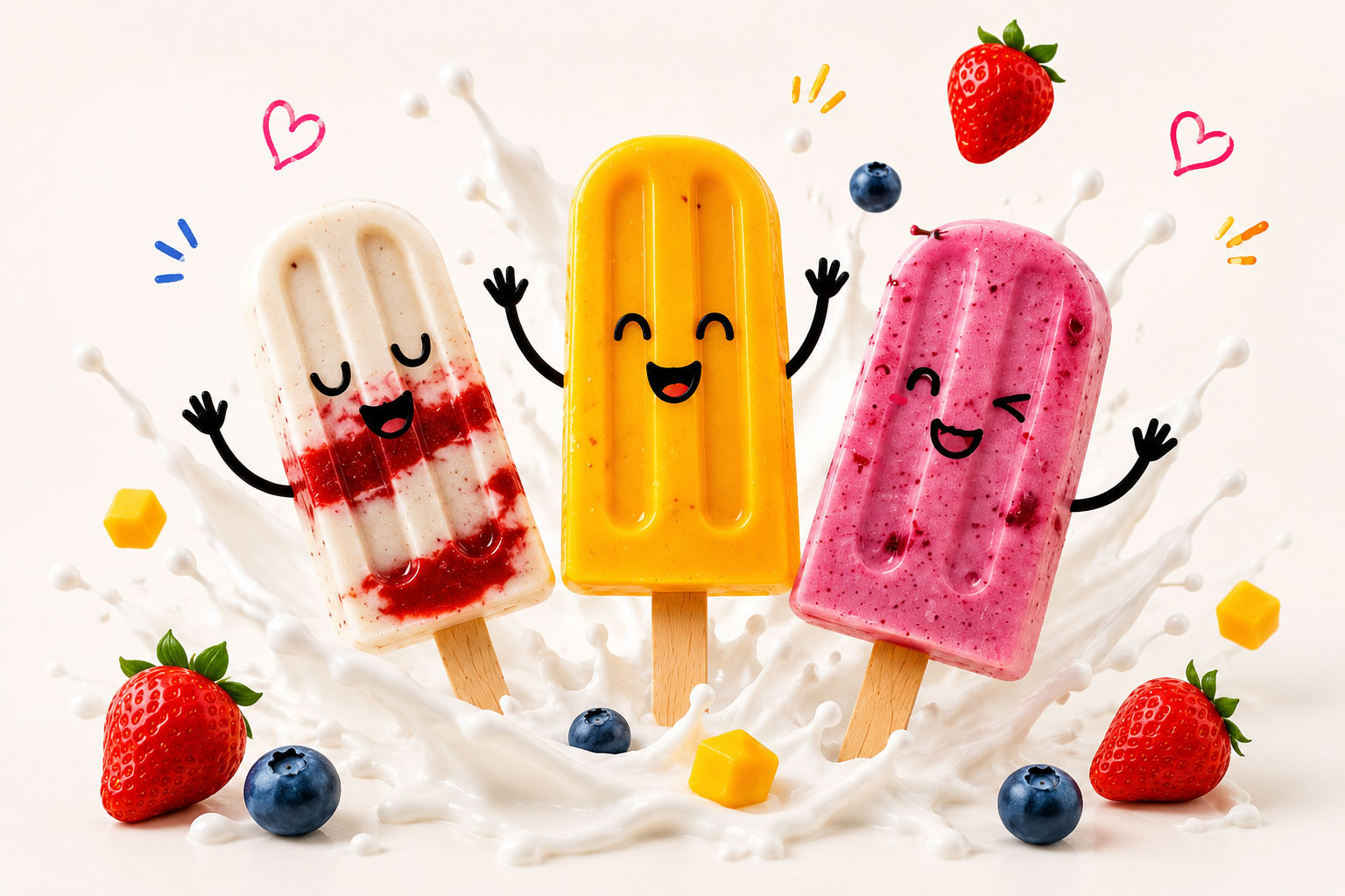 Three smiling PopStix popsicles - vanilla strawberry, mango and mixed berry - in a milk splash with fresh strawberries, blueberries and mango