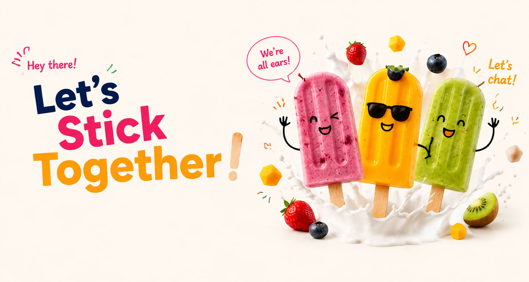 Three smiling PopStix real fruit popsicles - mixed berry, mango and kiwi - in a milk splash with fresh strawberries and blueberries