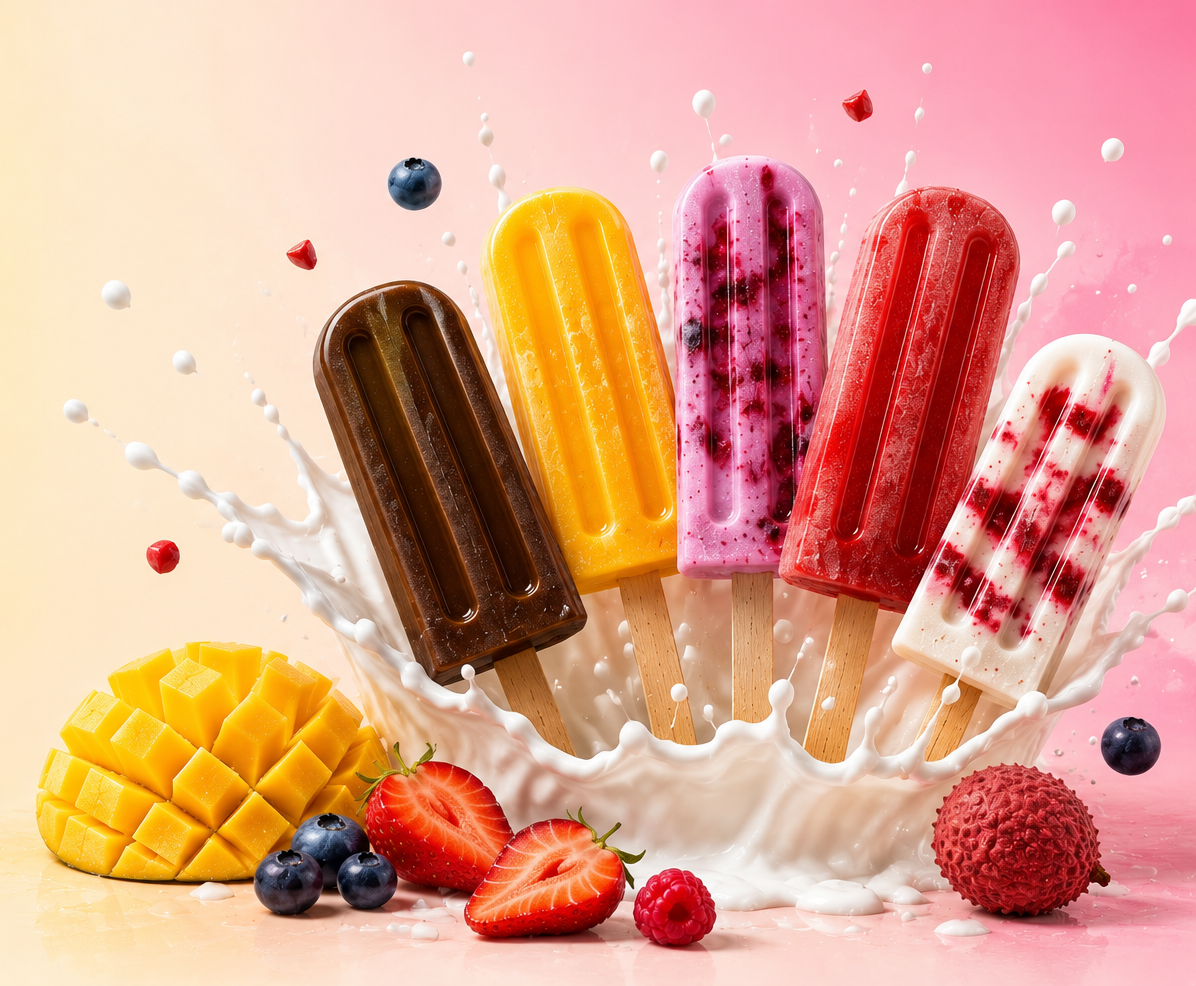 PopStix fruit popsicles in a milk splash with fresh mango, strawberry and berries
