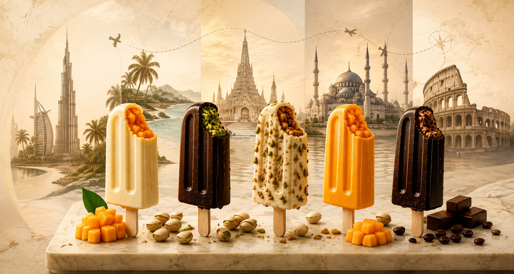 The five PopStix Wander Pops ice cream bars - Alphonso Mango, Dubai Kunafa, Turkish Baklava, Thai Mango Sticky Rice and Italian Tiramisu - each against its own world landmark