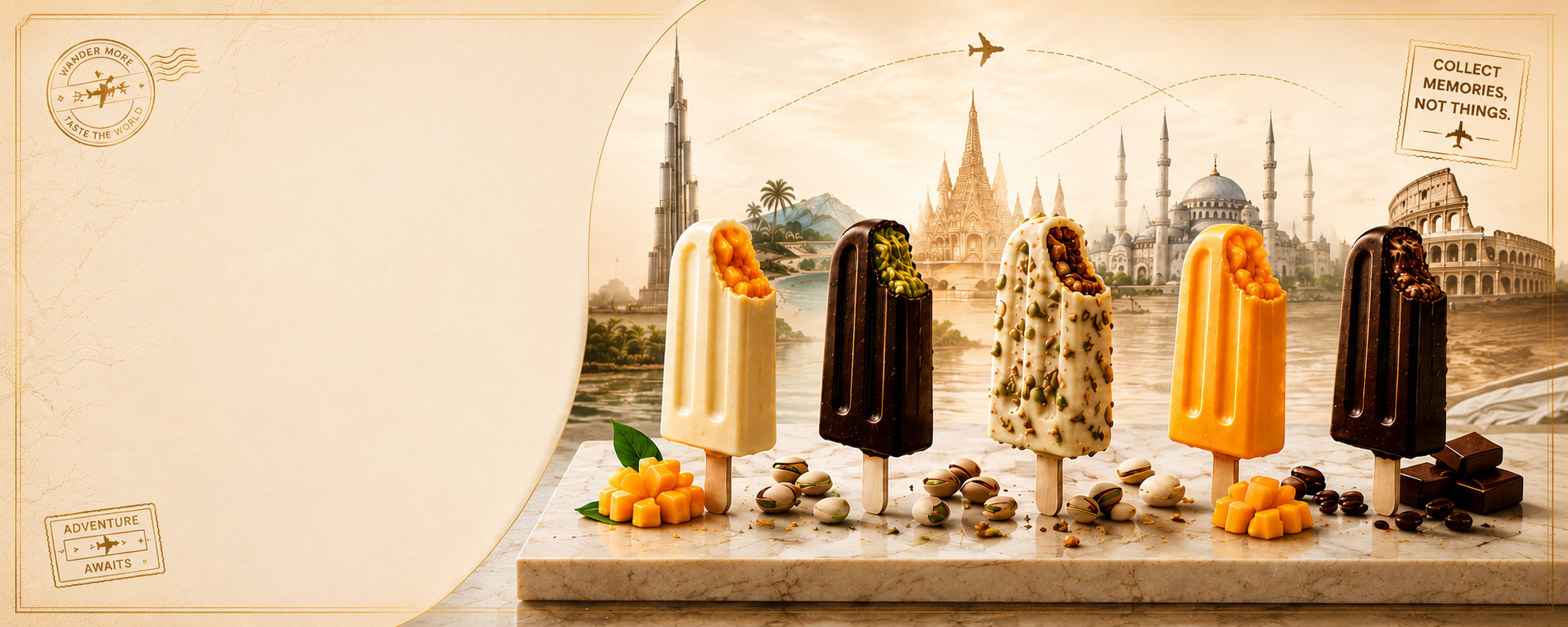 The five PopStix Wander Pops ice cream bars - Alphonso Mango, Dubai Kunafa, Turkish Baklava, Thai Mango Sticky Rice and Italian Tiramisu - on a marble slab against the skylines of Dubai, the Konkan coast, Bangkok, Istanbul and Rome.