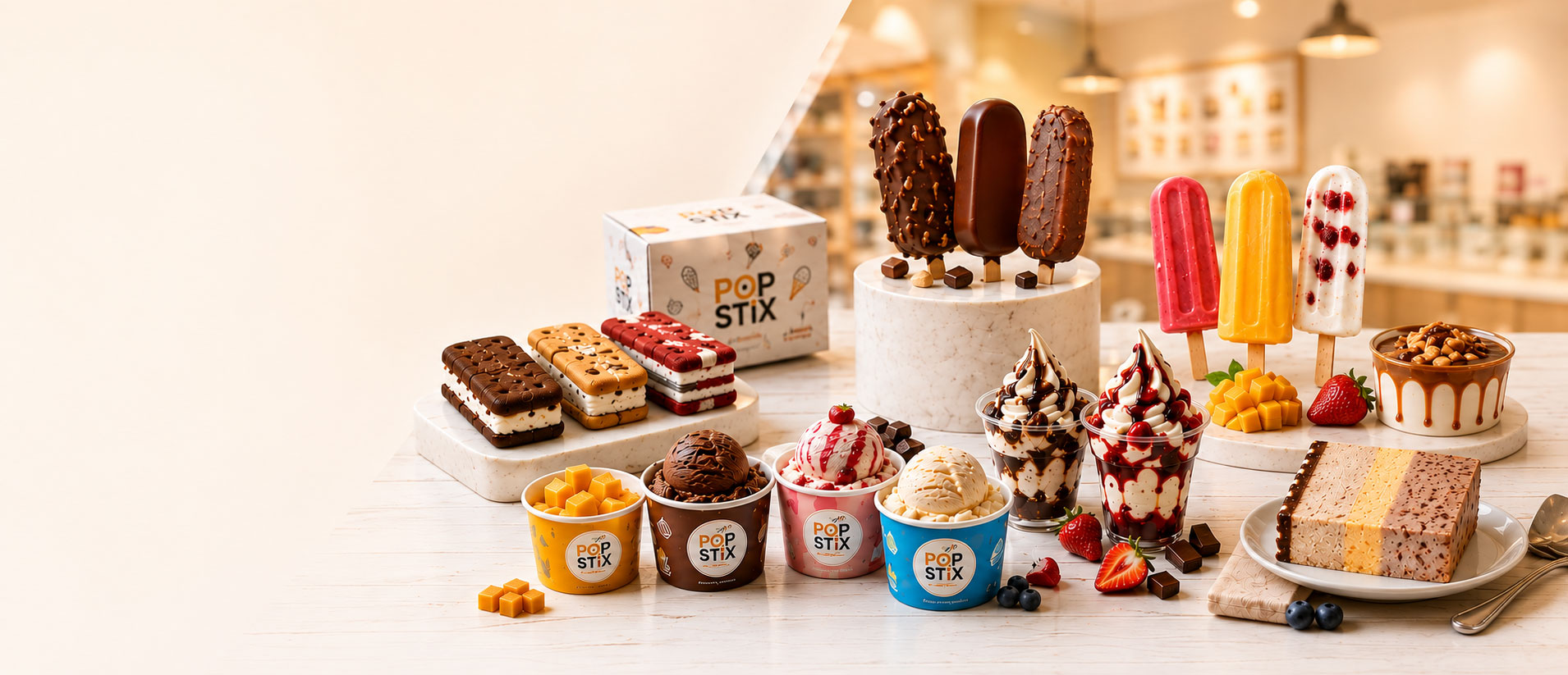 The PopStix range on a marble store counter - chocolate-coated bars, fruit and milk popsicles, ice cream sandwiches, tubs, sundaes and an ice cream cake